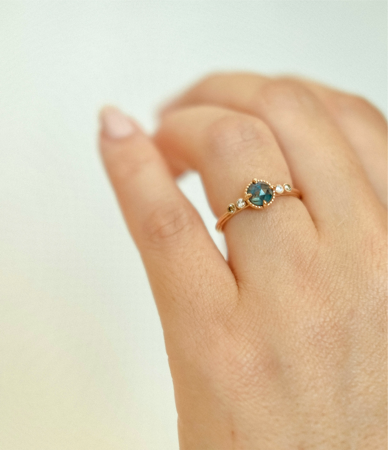 Marigold Round Rose cut Blue Montana Sapphire & Diamond Ring