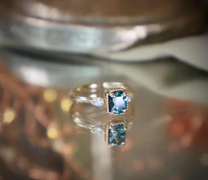 Sylvie Octagon Blue Montana Sapphire with Pear-Shaped Diamonds