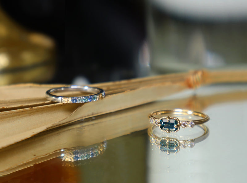 Bluebell Montana Sapphire Ombre Ring with Golden Leaves